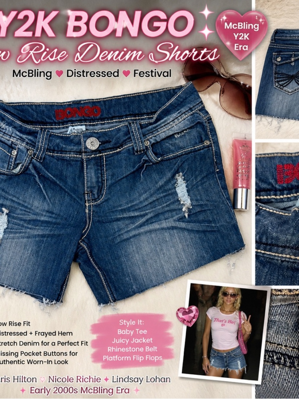 Y2K Bongo Low Rise Denim Shorts Distressed McBling Western Festival Beach Vibe